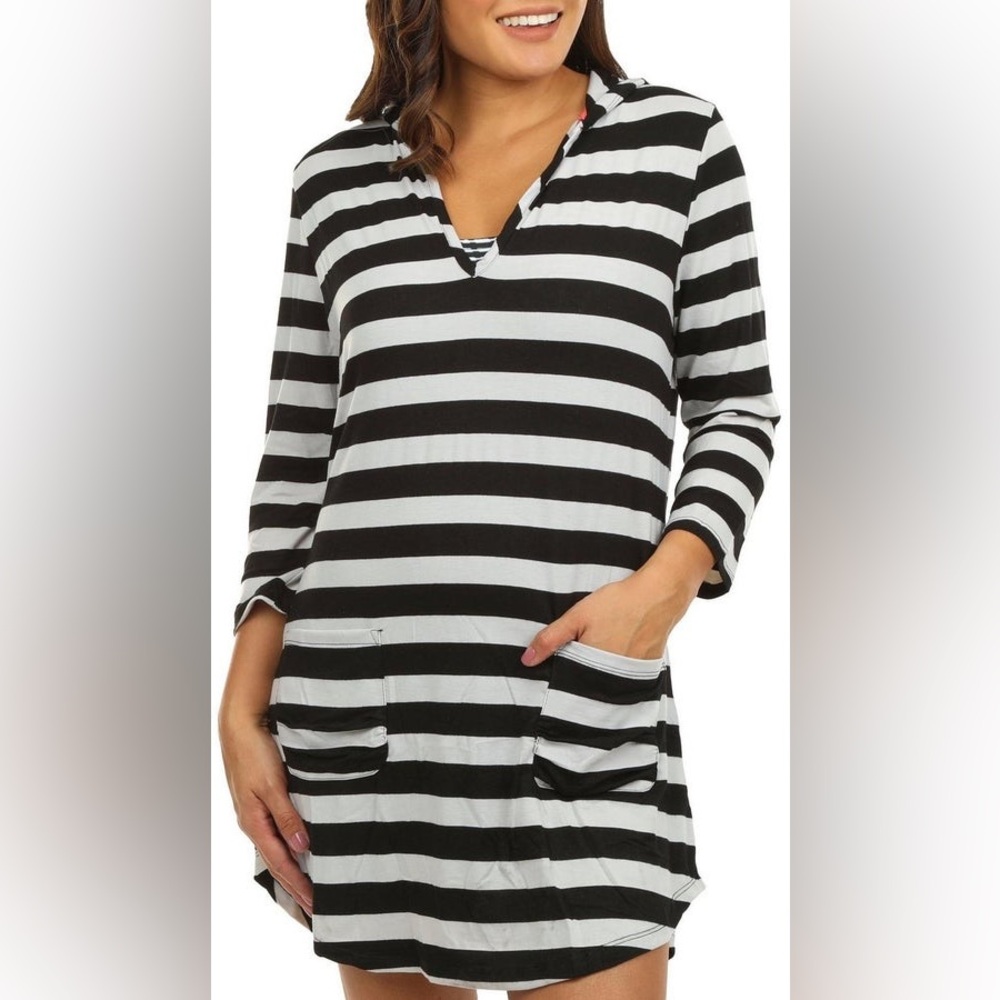 NWT Black White Stripe 3/4 Sleeve Hooded Dress Beach Cover Up size large